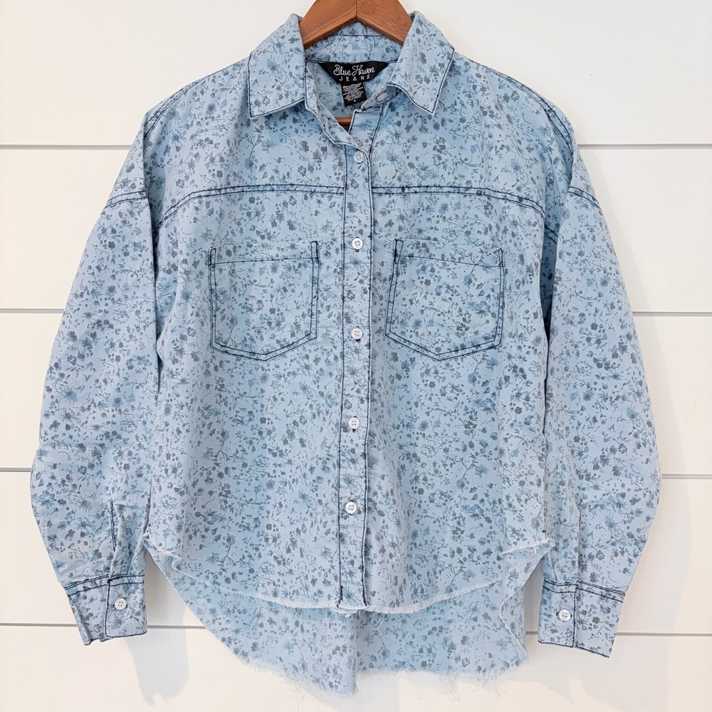 Blue Haven Floral Chambray Shirt Cropped Raw Hem Cottagecore L Vintage Core